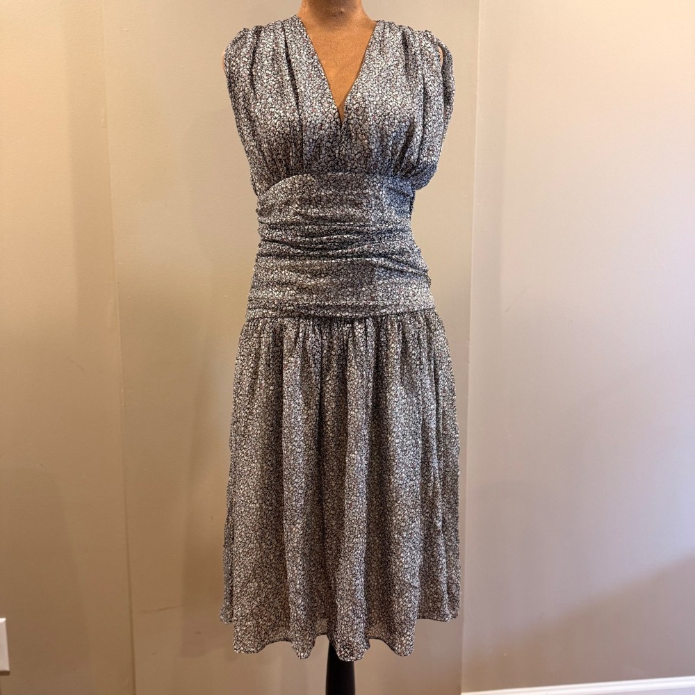 Vtg Riser Goodwyn Chiffon Dress Womens 8 Black Floral Silk Lined Ruched Designer